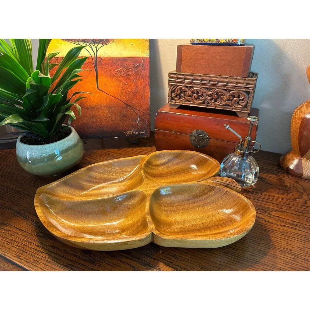 Vintage Hand Carved Monkey Pod Wood Leaf Divided Serving Tray Mid Century Tiki